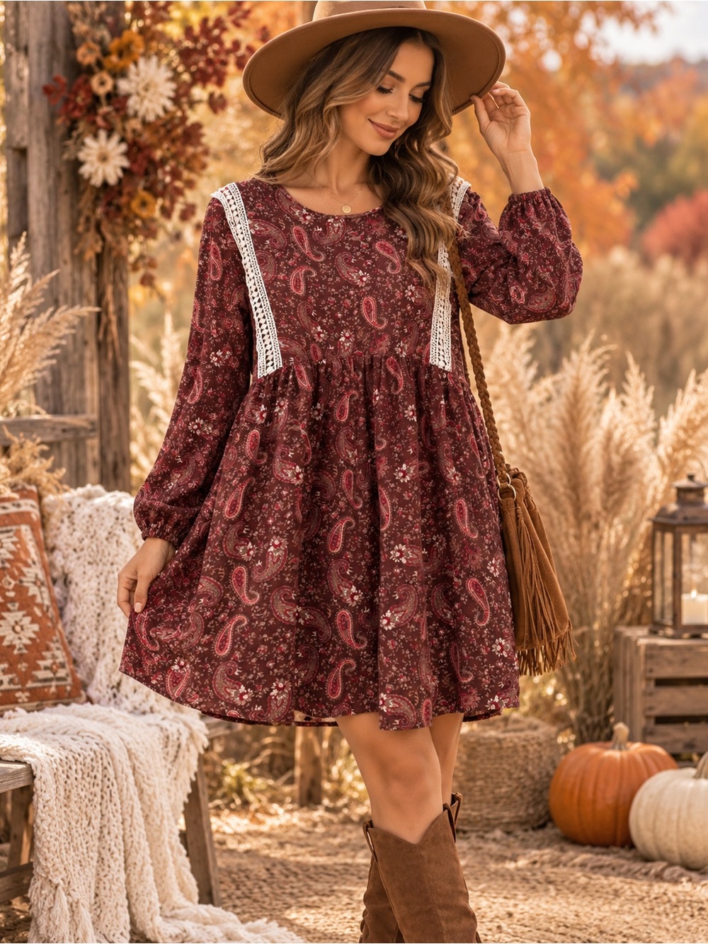 Brown Paisley Cotton Pocketed Dress